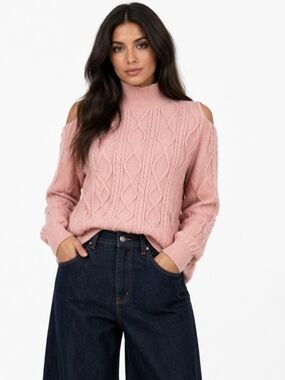 Do +Be blush Pink sweater cold shoulder mock turtleneck cable stitch Sz L